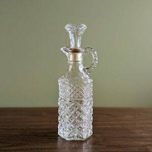 Vintage Clear Pressed Glass Cruet - Hexagonal Diamond Point Pattern with Stopper